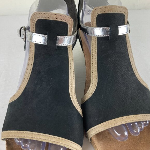 Naot Womens sz 10 Black Tan Silver Low Wedge Comfort Sandals T Strap - Picture 3 of 10